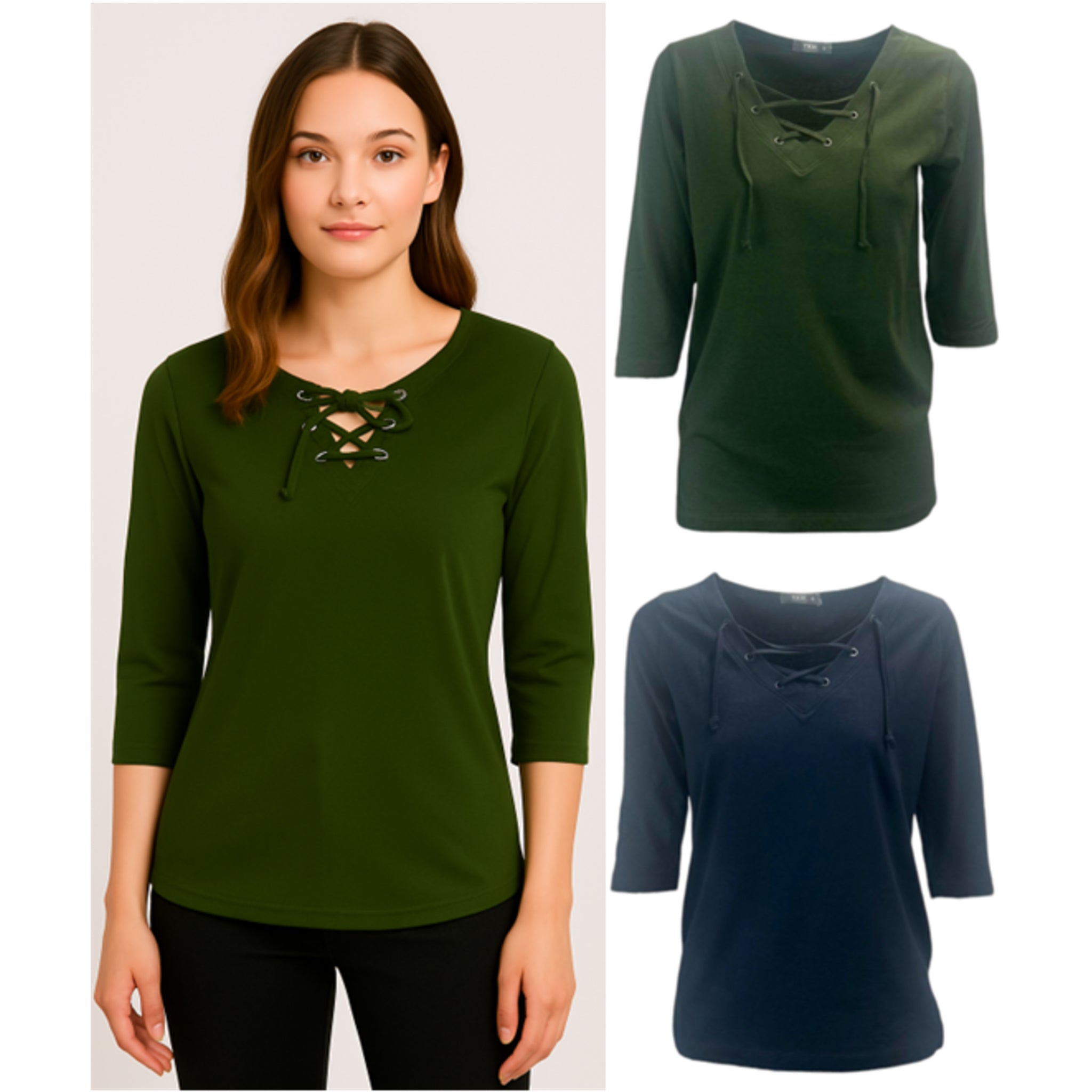 Ladies Olive Green and navy 100% cotton lace-up V-neck top with 3/4 sleeves – breathable casual blouse with eyelet detail